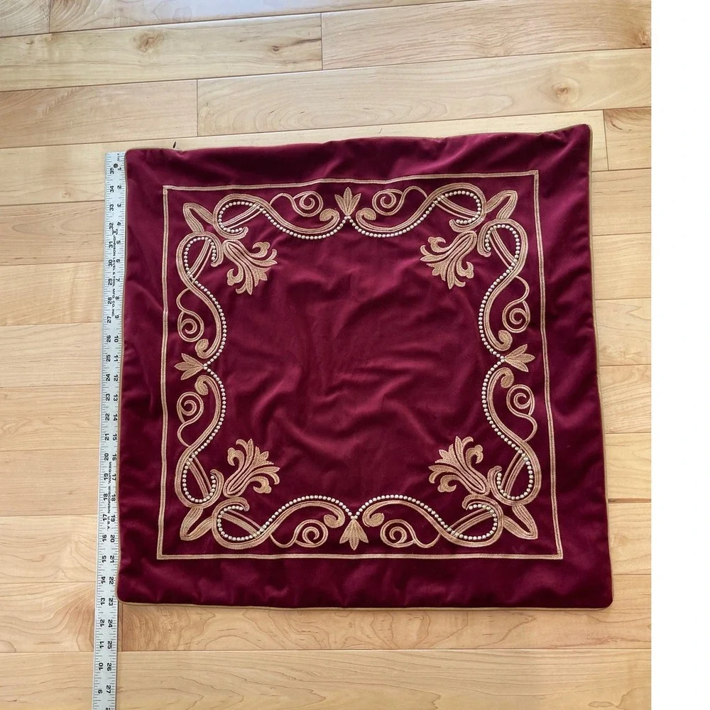 Burgundy Velvet Gold Embroidered Fleur-de-Lis Throw Pillow Cover 22x22 Square